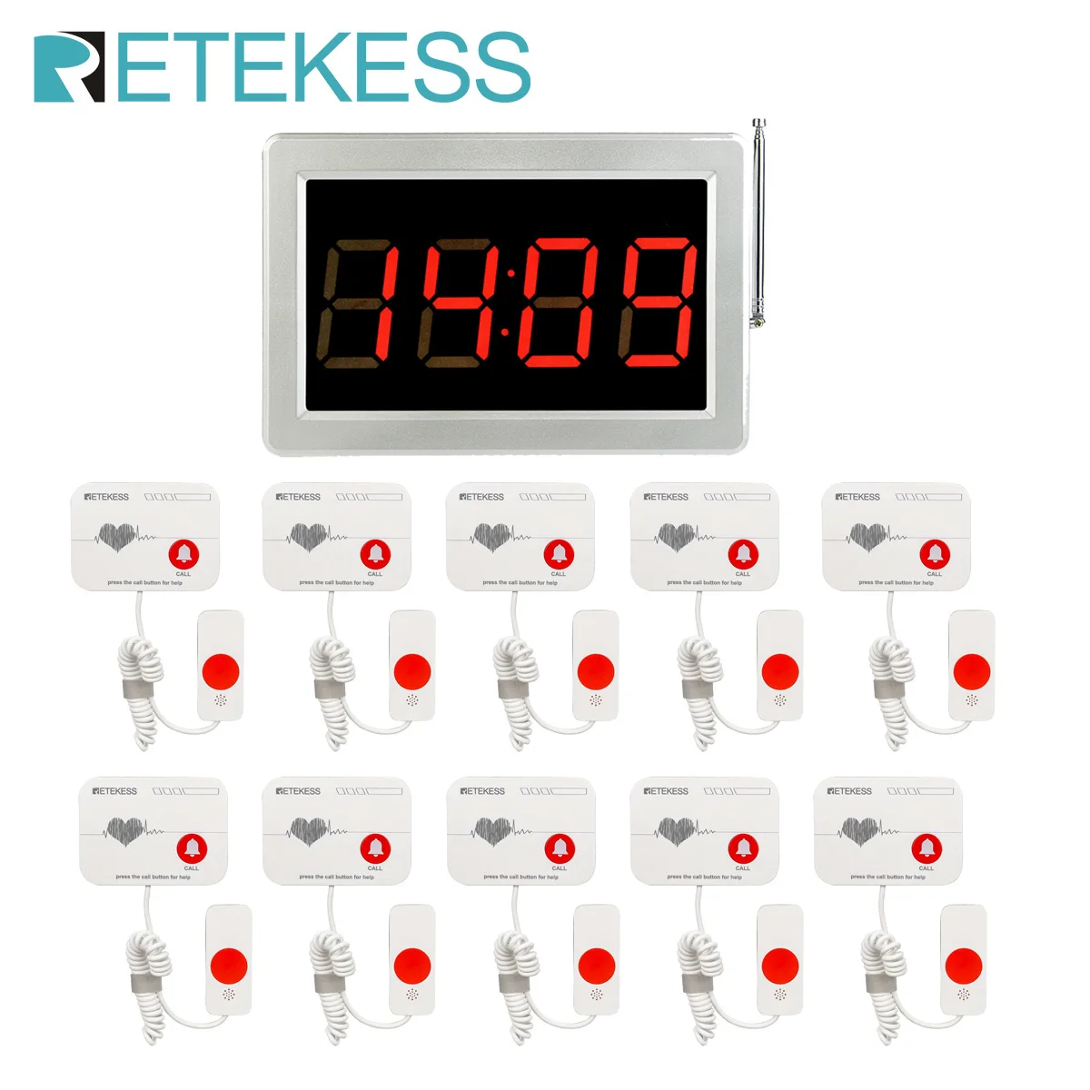 Retekess Wireless SOS Calling Alert System Screen Receiver +10 Handle Pager Call Buttons For Patient Elderly Clinic Nursing Home