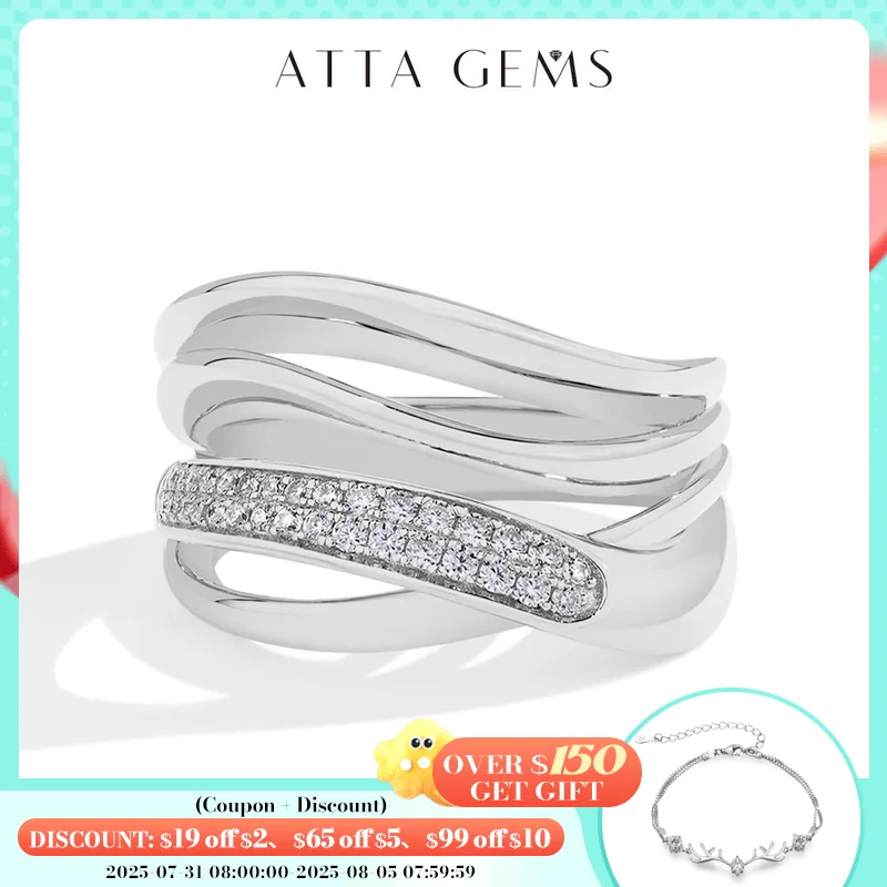 

ATTAGEMS 2024 S925 Moissanite Ring for Women Sliver 18K Gold Plated D VVS1 Diamond 4-layer Line Wedding Jewelry Party Daily Gift
