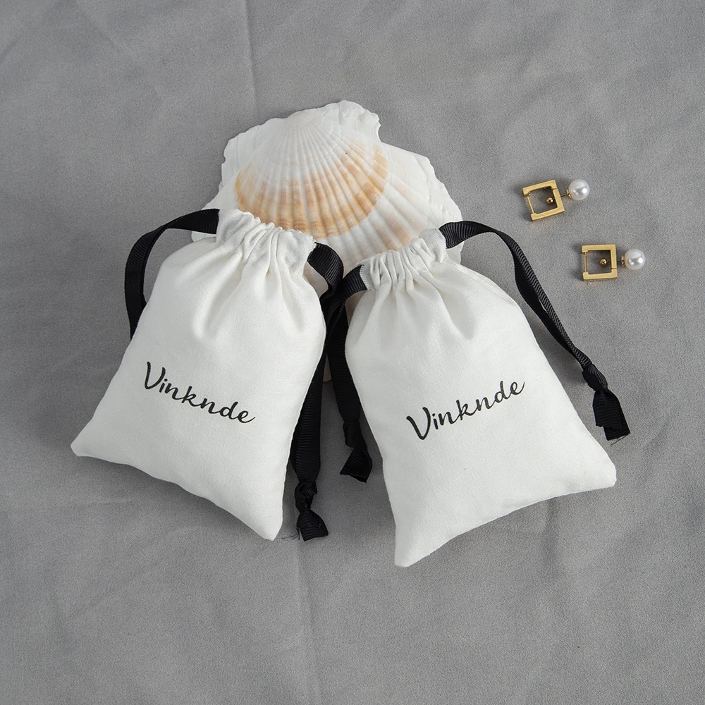 Imagem -05 - Drawstring Cotton Cloth Pouches com Fita Preta Jóias Gift Bags Wedding Favors Candy Bolsa Bulk Custom Logo Branco 100 Pack