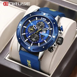 BORUSE Blue Watches for Men Chronograph Watches Male Silicone Quartz Wristwatch Sports Waterproof Luminous Watch