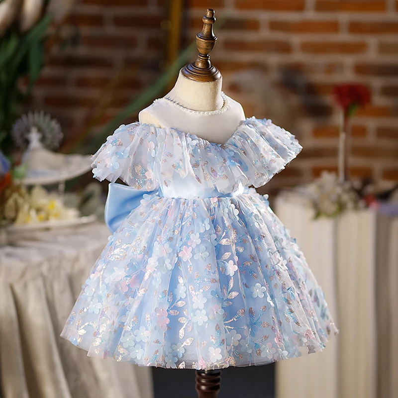 

Elegant Luxury Birthday Party Dress for Girls Blue Sequin and Bow Pageant Prom Short Evening Gowns Formal Children's Eid Dresses