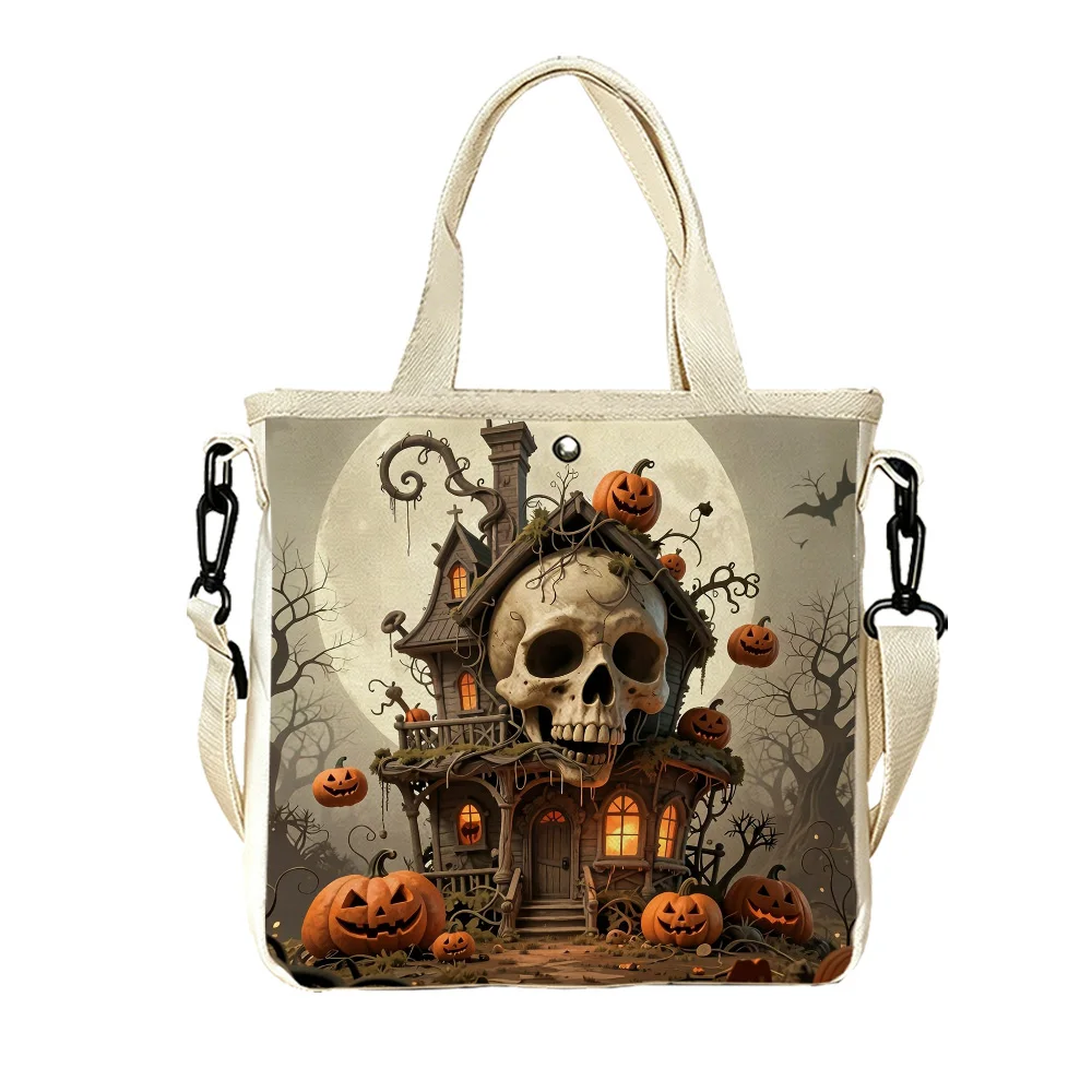 Skull house haunted Double-Sided Printed Canvas Tote Bag Removable Convertible Crossbody Strap for Women Campus Life