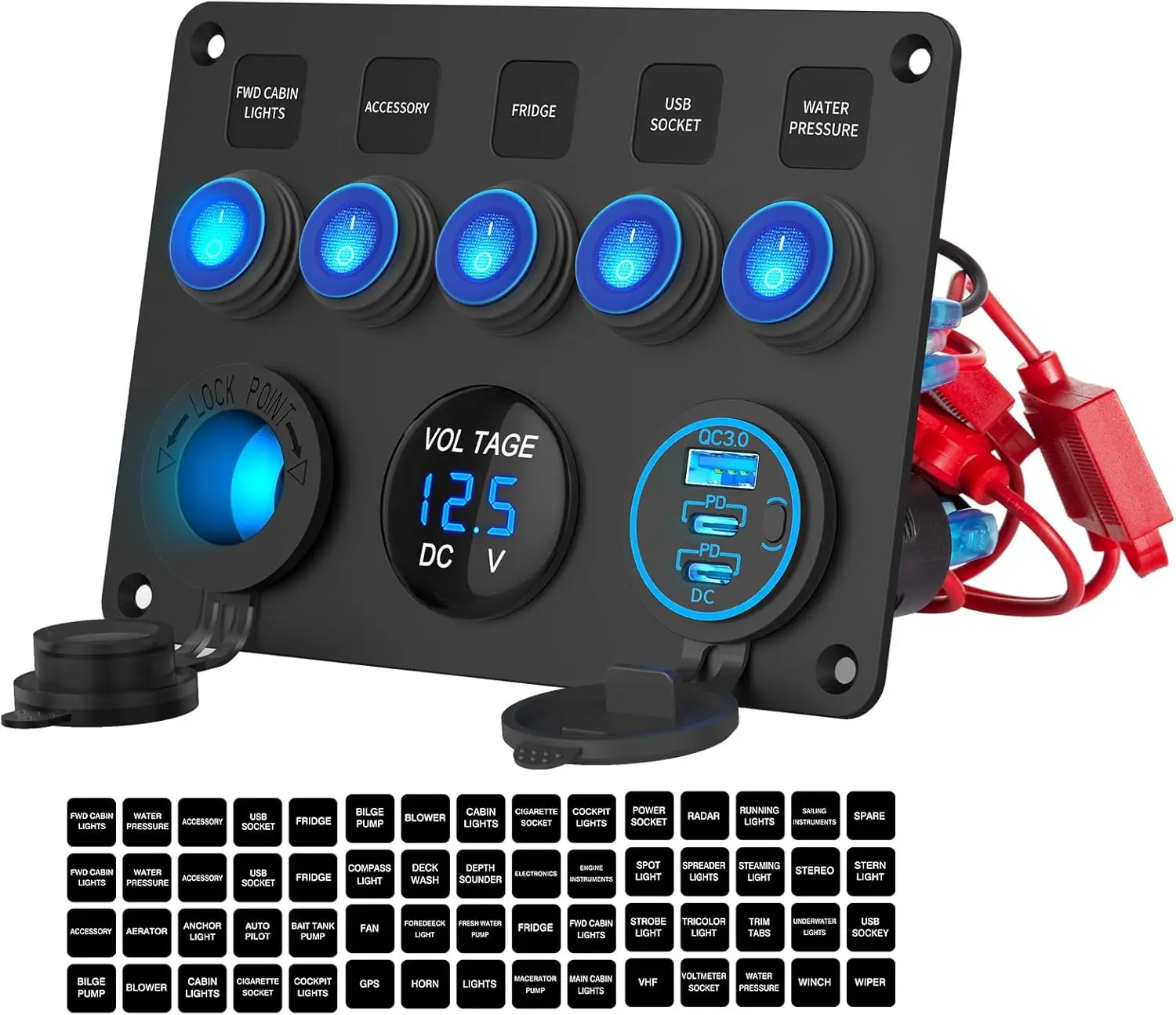 

Водонепроницаемая панель с 5-клавишным тумблером, USB-зарядкой 78 Вт, LED-вольтметром и прикуривателем для автомобилей 12В/24В