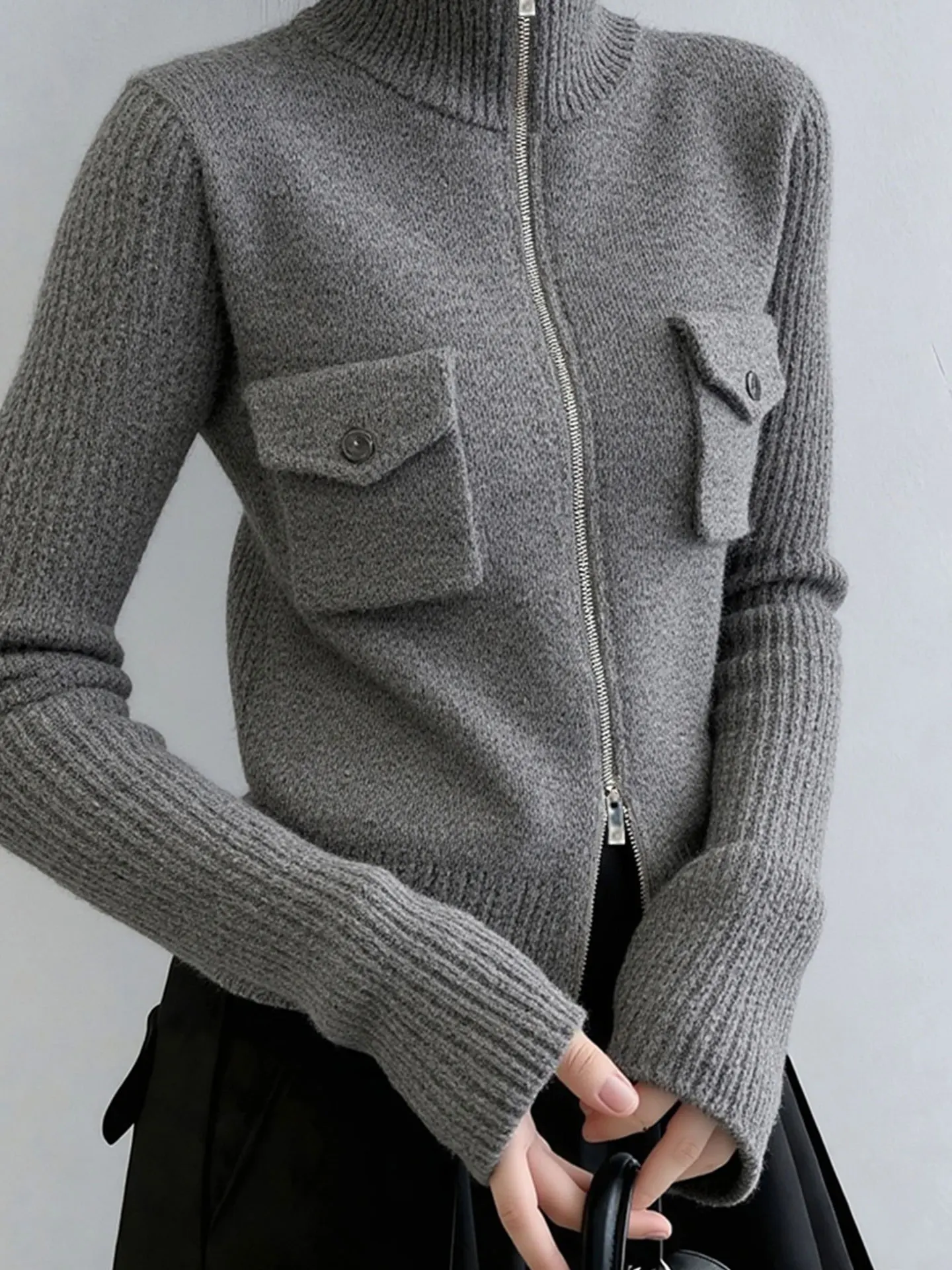 Diseño coreano doble cremallera larga Sve Camere cárdigan abierto de punto invierno Color puro suéter Faionable Top para mujer