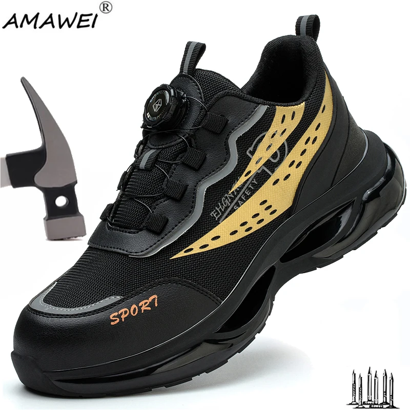 

Новая модная рабочая защитная обувь с вращающейся пряжкой для мужчин, легкие защитные рабочие кроссовки с сеткой, дышащая обувь с защитой от проколов