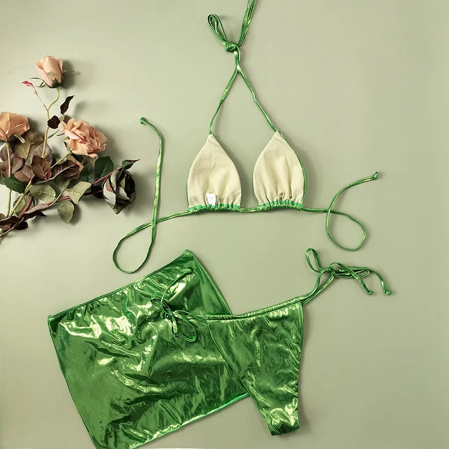 Merloly 2025 New Swimwear Women, Sexy Shiny Golden Halter 3 Pieces Bikini Set With Drawstring Beach Skirt Backless Swimsuit
