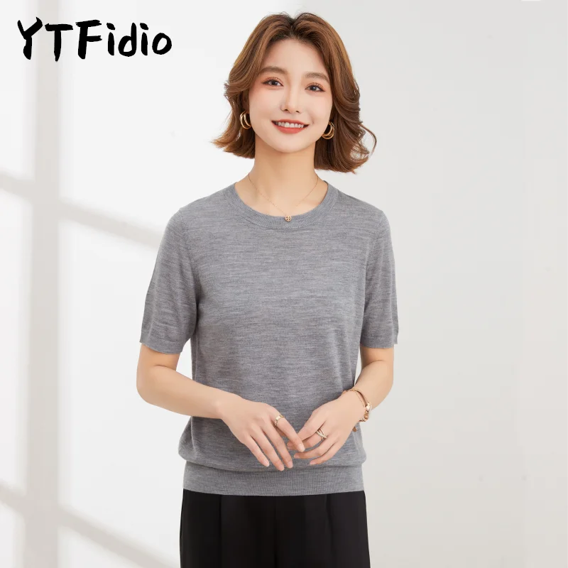 YTFidio  Summer New Women Cashmere Wool Tops Office Lady Solid O-neck Warm Soft Official-Website Half Sleeve Sweater  01