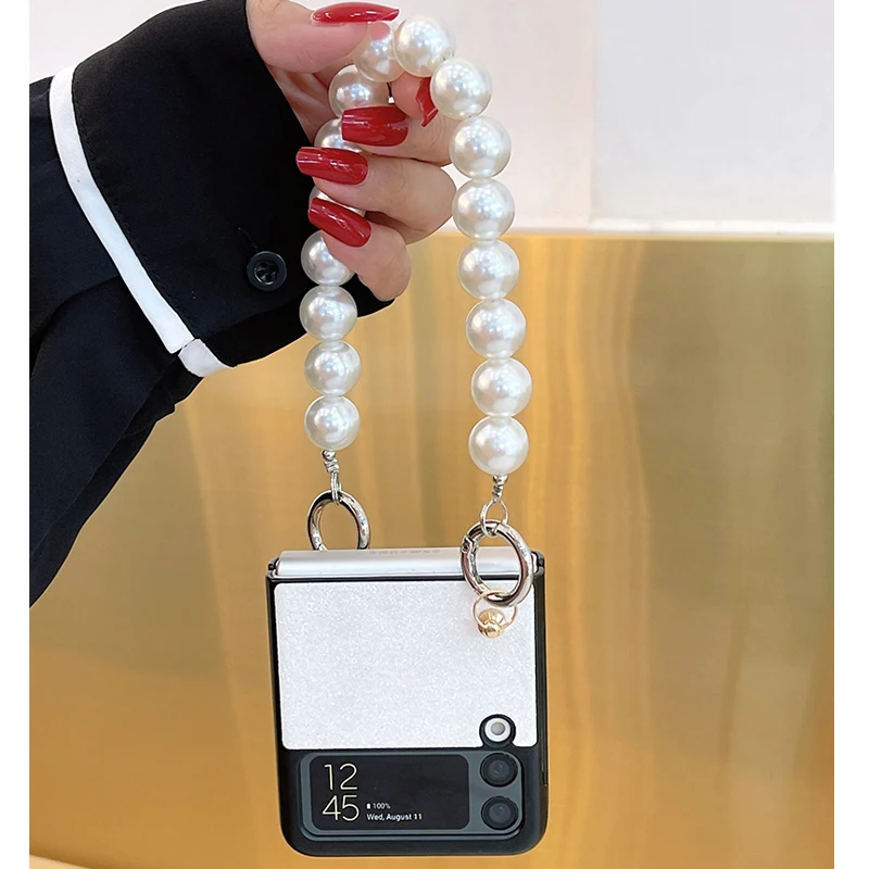 Fashion Elegant Crossbody Pearl Necklace Long Chain Bracelet White Leather Phone Case Cover For Samsung Galaxy Z Flip 4G 4 3 5G