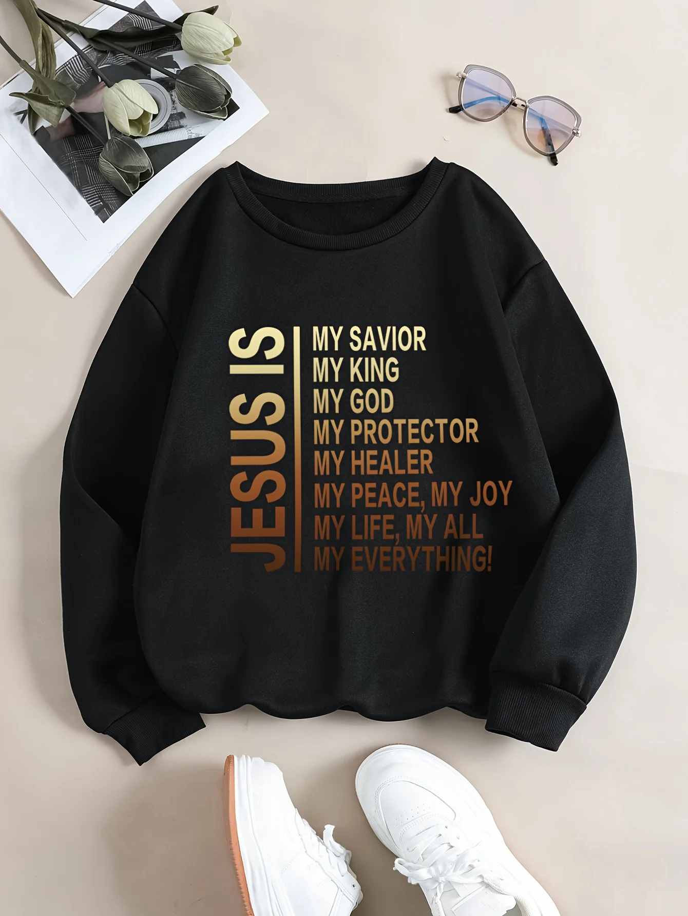 

Женская толстовка с буквенным принтом «Христианская вера» — «Иисус — мой спасительский король», красная надпись, черный круглый вырез с длинными рукавами