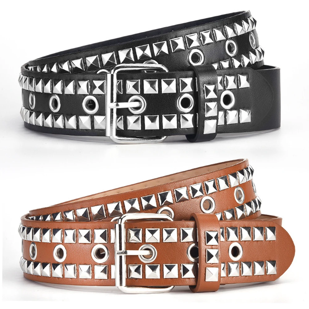 

Women PU Leather Belts With Pyramid Studs Metal Punk Rock Square Bead Rivet Belt Men Threads Studded Goth Decorative Waistband