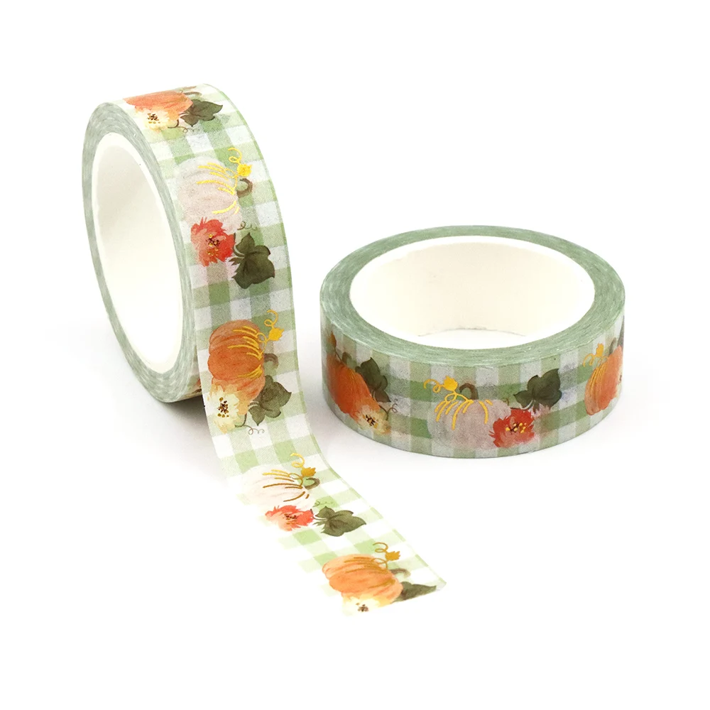 1PC 15MM*10M Gold Foil Seamless Watercolor Pumpkins Fall Leave Stripes masking Tape Sticky Adhesive Tape Scrapbooking Washi tape