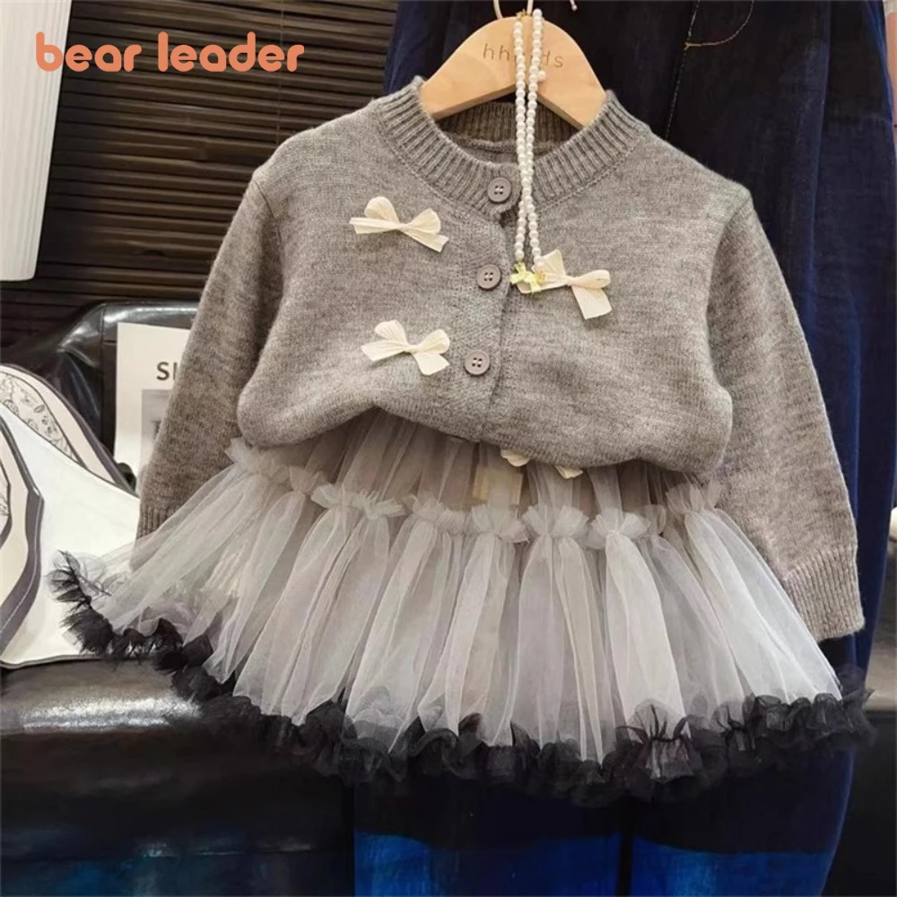 Bear Leader Autumn New Girls Grey Long Sleeved Knitted Bow Cardigan+Mesh Short Skirt 2-piece Set Korean Version Kids Clothes