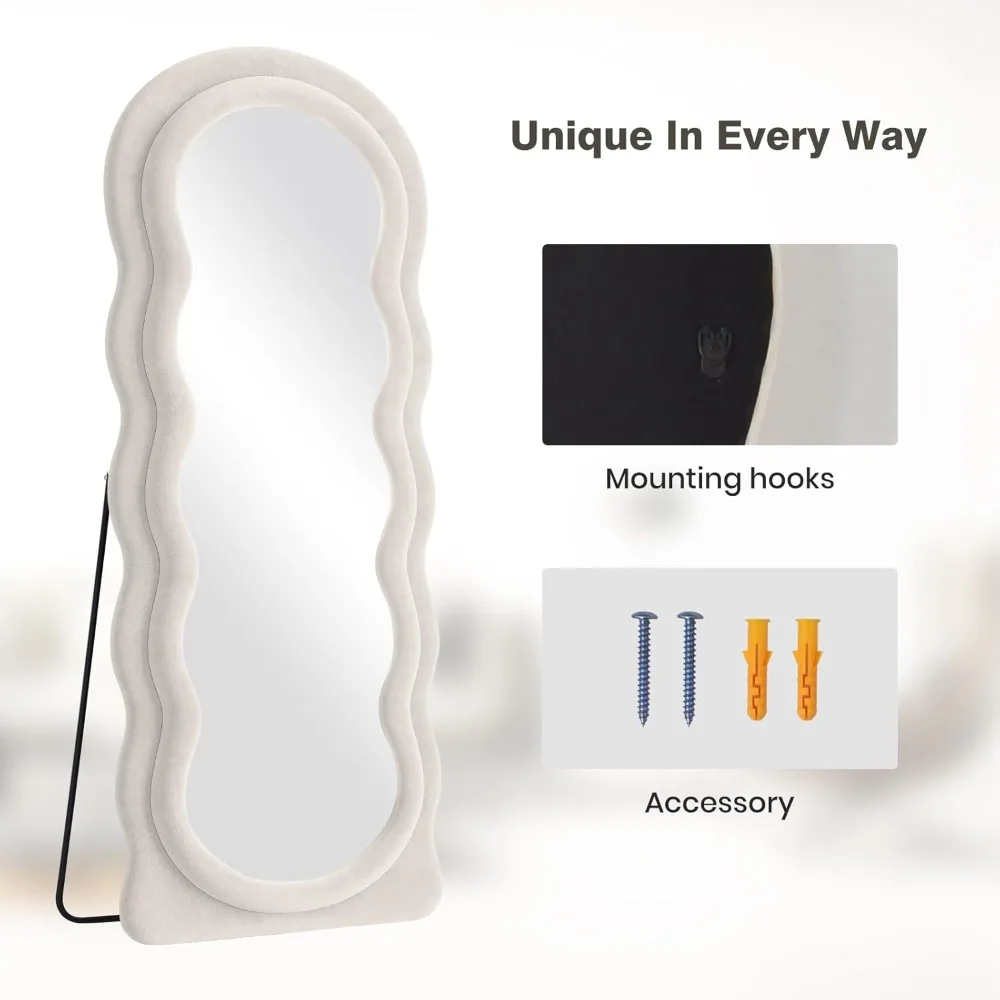 Specchio ondulato ad arco per tutto il corpo 63x24 pollici - Specchio pendente da pavimento montato a parete con supporto, cornice in flanella avorio, parete di lunga durata