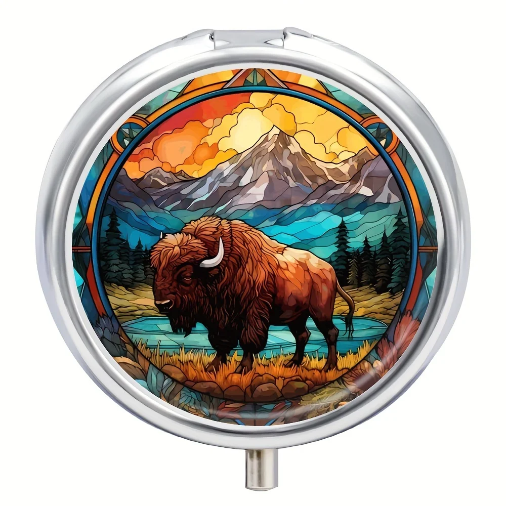 Highland Cow Pill Case with 3 Compartments - Mini Portable Travel Organizer for Pills,Vitamins - Decorative Metal Pocket Box