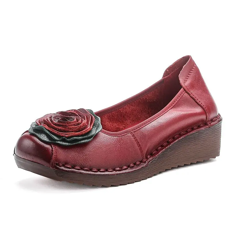 New Spring luxury cowhide leather shoes woman handmade flower flats retro wedged loafers ladies chic soft red dressy moccasins