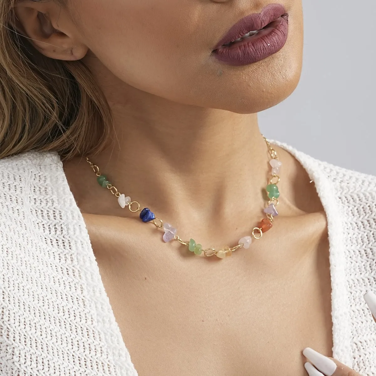 

Colorful Irregular Natural Stone Necklace For Women Personality Temperament Women's Neck Chain Clavicle Chain Jewelry Wholesale