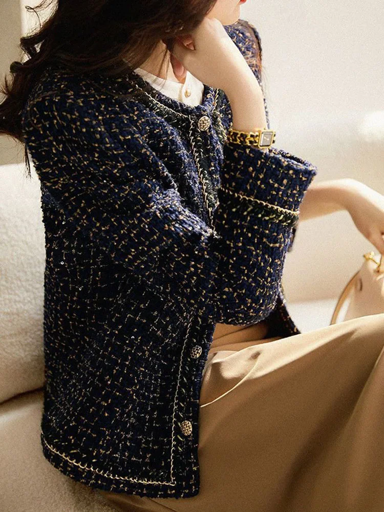 سترات نسائية قصيرة فضفاضة برقبة دائرية من التويد معاطف كورية غير رسمية واحدة الصدر مقصوصة بلوزات أنيقة سوداء طويلة الأكمام Abrigos Blusas