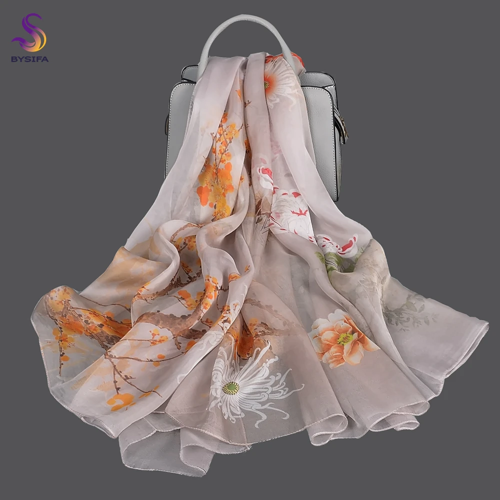 

BYSIFA|Khaki 100% Mulberry Silk Scarf Shawl Ladies Chinese Floral Design Summer Beach Shawl Fall Winter Long Scarves Accessories