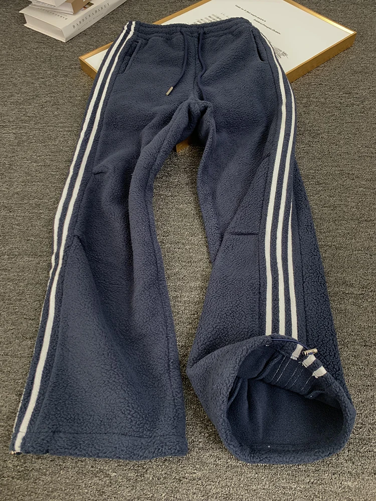 

Кобальтово-синие повседневные спортивные штаны в полоску с мехом ягненка, мужские зимние теплые свободные прямые длинные брюки, модные молодежные брюки