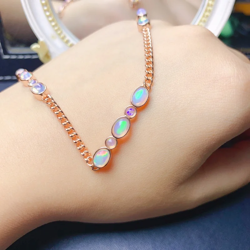 Natural Australia Natural Opal Bracelet 925 Sterling Silver 4*6MM and 3x3mm Gemstone Jewelry for Women Wedding Engagement Gift