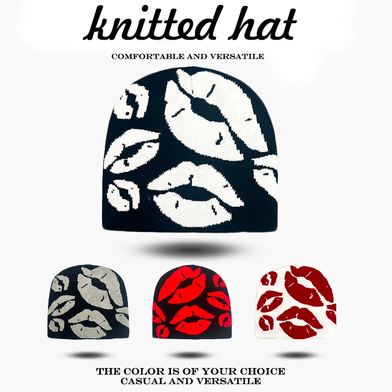 Warm Color Block Fashion American Beanies Hip Hop Versatile Ins New Men Women Personal Fully Printed Jacquard Lips Knitted Hats