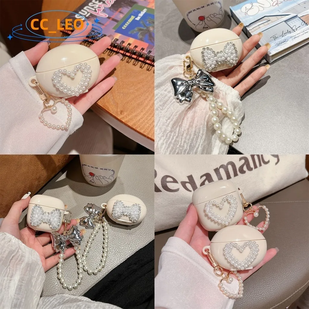 

Чехол для HuaWei FreeBuds 6i, милый жемчужный кулон HuaWei FreeBuds 5i, ударопрочный чехол, защитный чехол, жемчужный галстук-бабочка, браслет