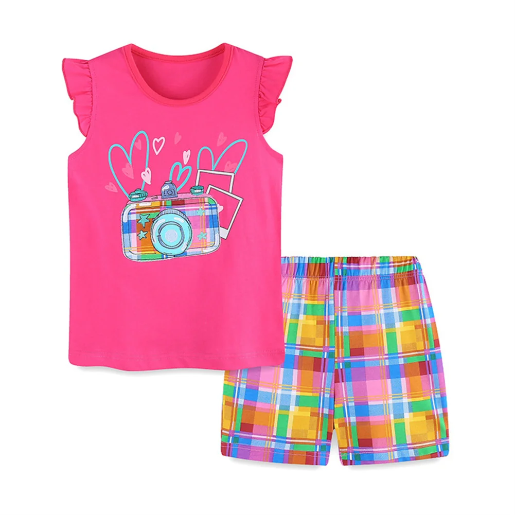 

Girls Summer Outfit Toddler Cotton Pleated Sleeve Tops Elastic Waistband Block Color Plaid Shorts Set