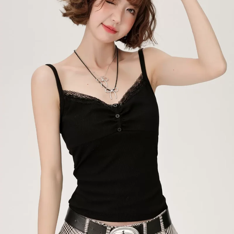 Black Camis Women Sexy Lace Slim Tank Tops Backless Girls Y2K All-match Summer Streetwear Attractive Ulzzang Buttons Designed