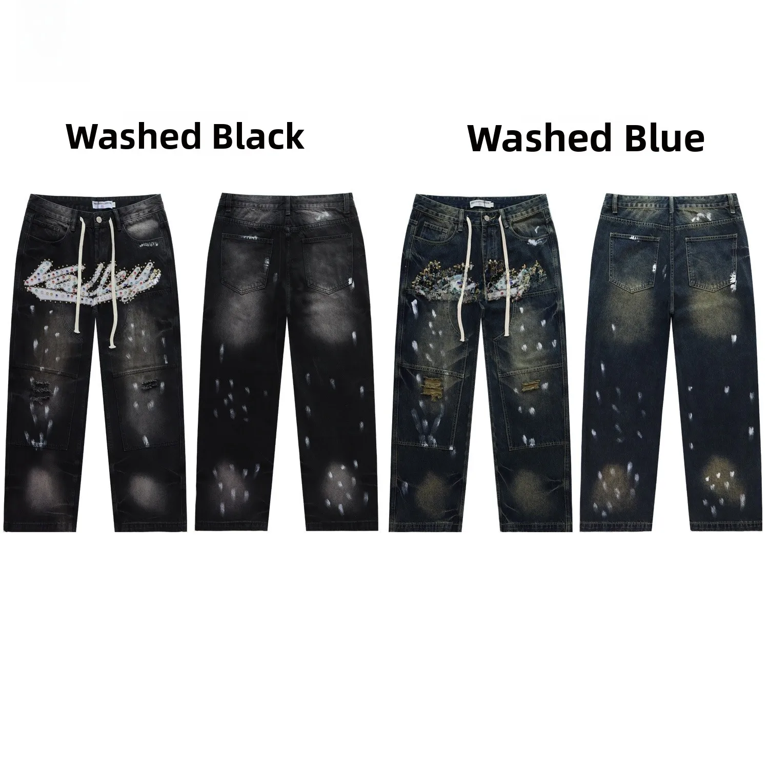 

Valley Forever Skittle Embroidered Letter Rhinestone Denim Jeans Cleanfit Loose Fit Warm Anti-pilling Autumn Youth Jeans