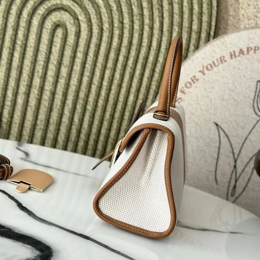Canvas & Brown Leather Mini Handbag, Luxury Multi-Way Mini Handbag