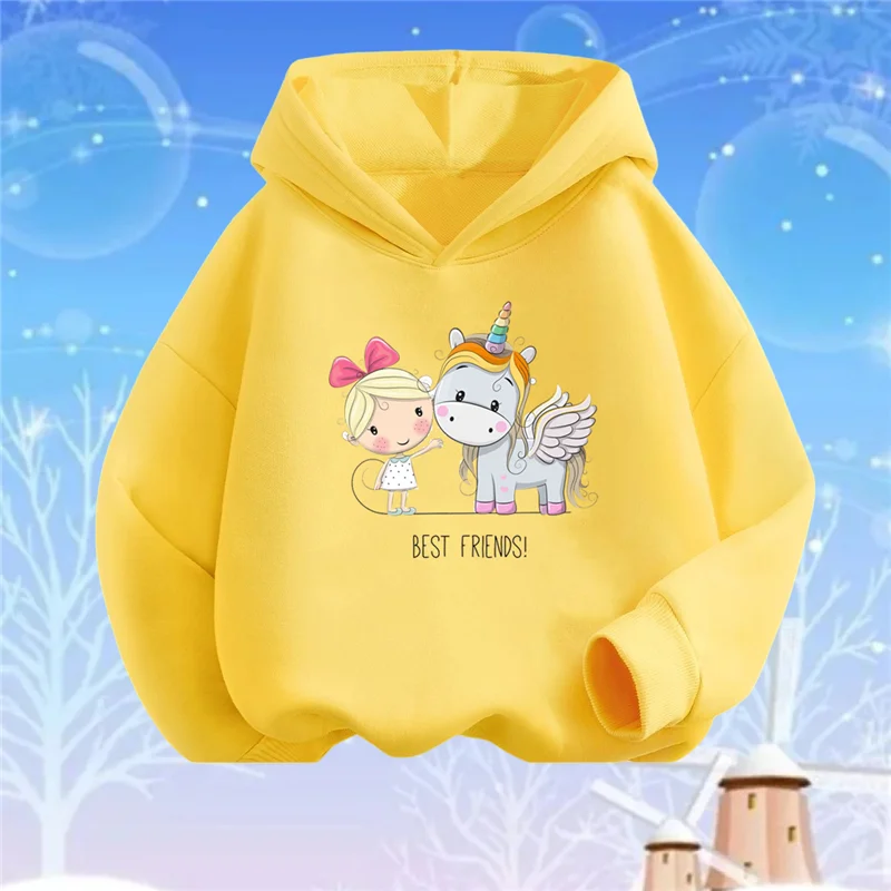 4 colors 2024 New Kids Cartoon Cute Unicorn Hoodies Clothes Girls Best Friend Sports Pullover Hoody Sweatshirt