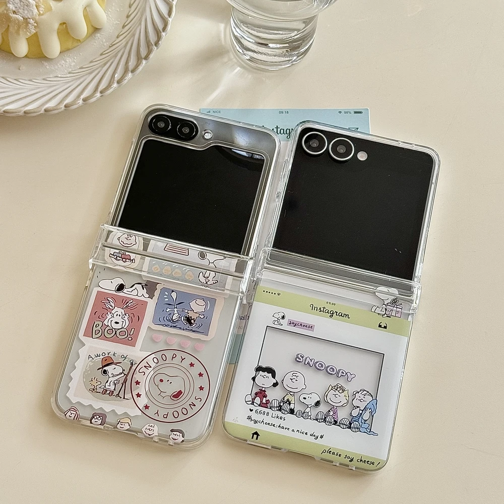 Cute Cartoon Snoopy Charlie Brown Stand Holder Phone Case For Samsung Galaxy Z Flip 7 6 5 4 3 Case Soft TPU Cover With Lanyard
