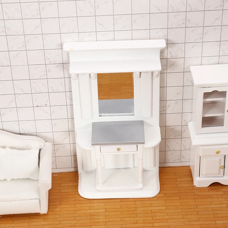 1/12 Dollhouse Mini Furniture Dressing Table With Mirror Model For Building Kits Bedroom Dolls Make-Up Toys