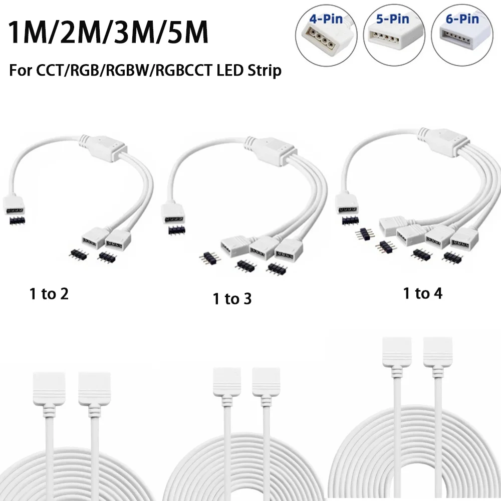 RGB LED Light Strip 4-Pin Splitter – 1-to-5 Way Splitter Cable For Tape Light, Black, With 6 Plug Adapters, No Tools Needed