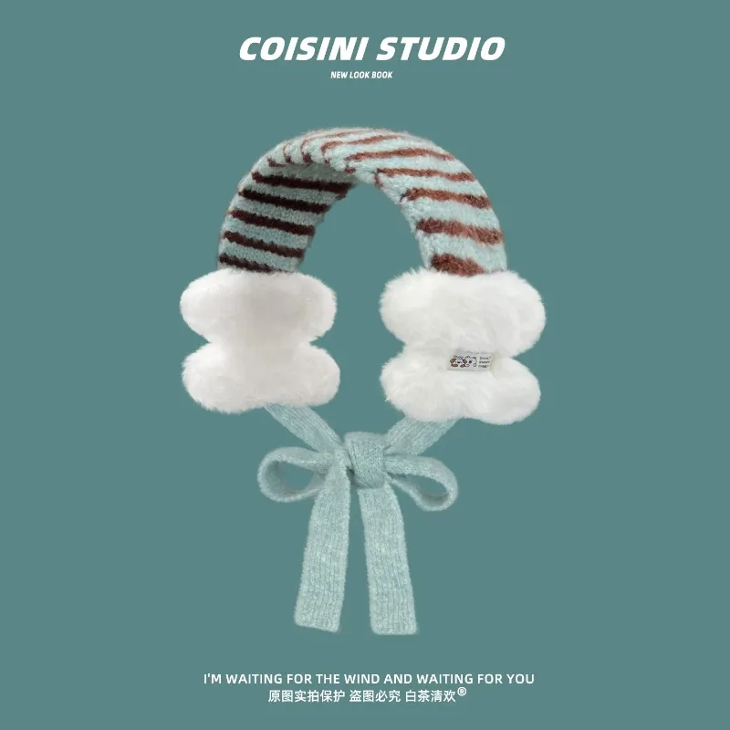 Fashion Color Contrast Striped Fuzzy Ear Muffs for Women Korean Sweet Style Tie Strap Design Autumn Winter Cute Warm Earmuffs