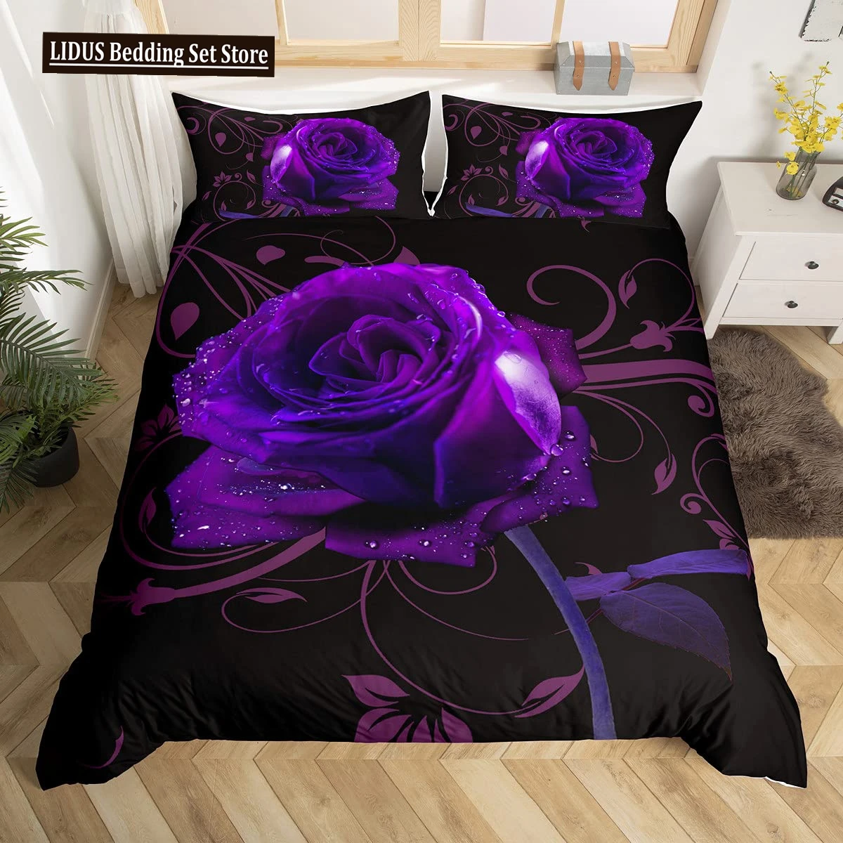 

Purple Rose Duvet Cover Set Queen Size Romantic Flowers Bedding Set Valentine's Day Floral Comforter Cover Lover Couple Gift