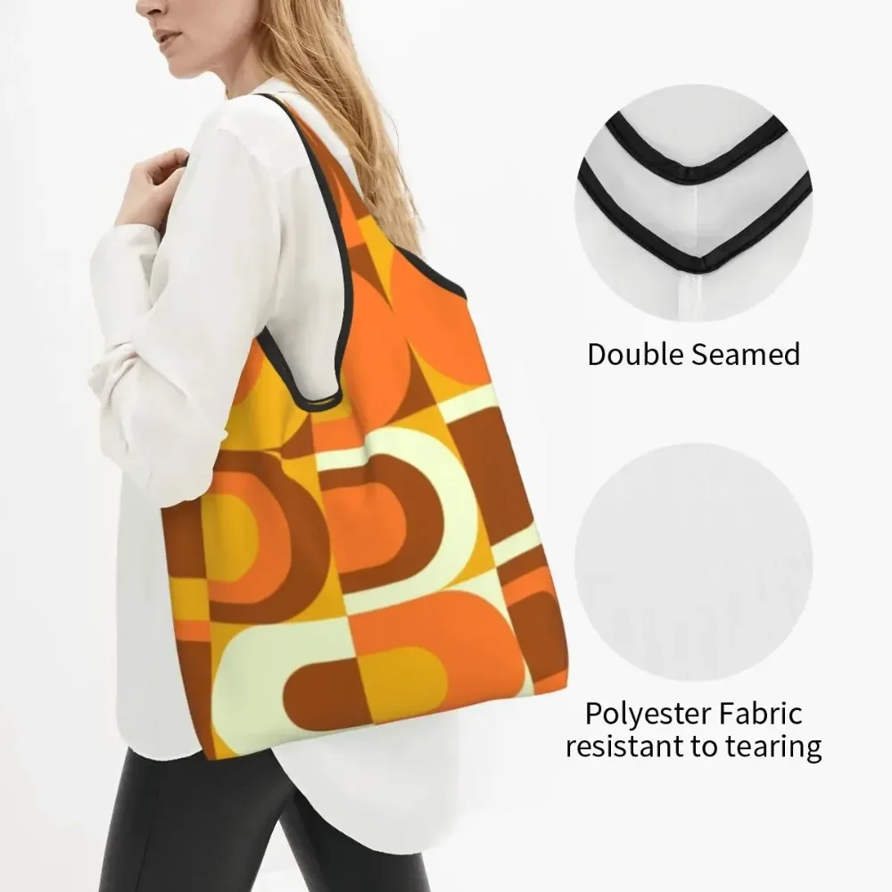 70s Pattern Retro Inustrial In Orange And Brown Tones Shopping Bags Portable Large Groceries Geometric Colorful Tote Bags