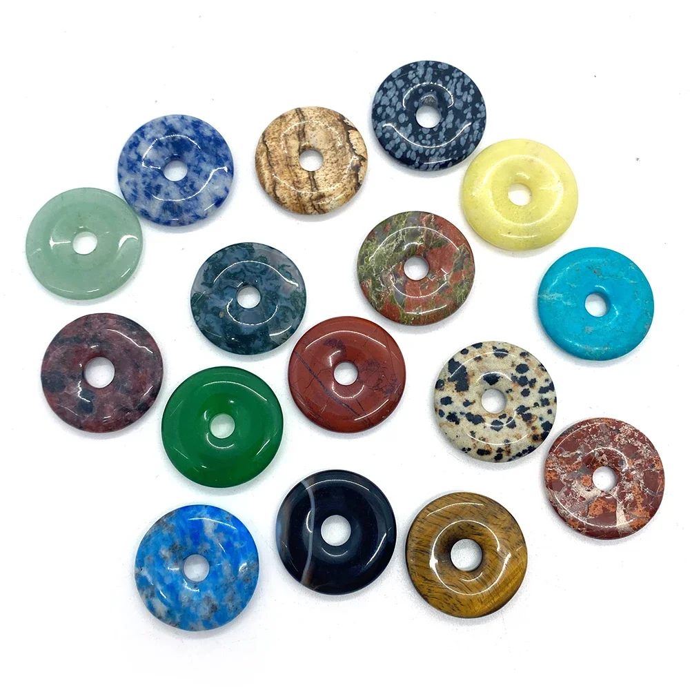 Natural Stone Pendant Round Large Hole Crystal Agate 25mm Exquisite Safety Buckle Pendant Jewelry Earrings Making Accessories