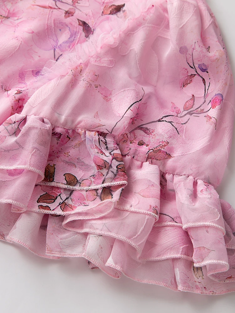 DSXDFACAIRIJ المرأة خمر الجاكار فستان طويل الخامس الرقبة مضيئة الأكمام الكشكشة الأزهار طباعة الصيف موضة الحفلات الإناث