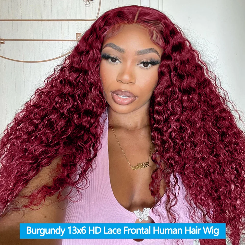 200 Density Burgundy Water Curly Lace Front Human Hair Wig 24 26 28 Inch Human Hair Wigs 99J Deep Curly Wave Frontal Wig 13x4 Transparent Lace For Black Women 13x6 Cheap Human Hair Wigs Brazilian Wigs On Sale Clearance