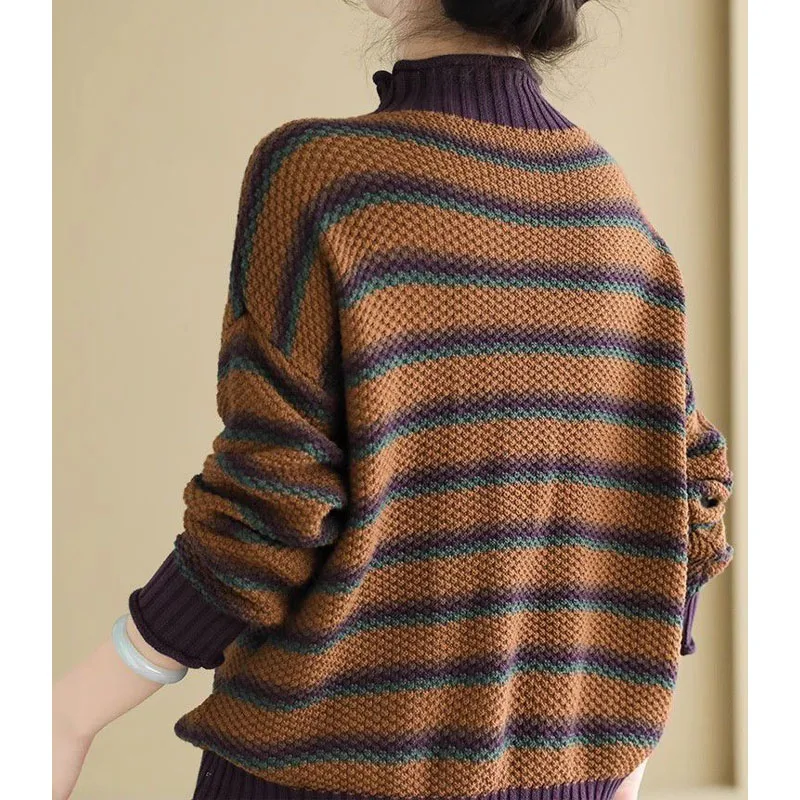 New Autumn and Winter Fashion Lazy Style Retro Stripe Half High Neck Loose and Versatile Western Style Slim Women\'s Sweater