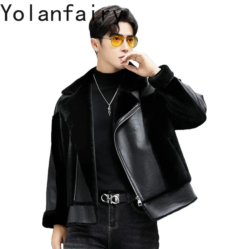 YOLANFAIRY Genuine Sheepskin Jacket Mens Real Fur Coat Winter Clothes Biker Leather Jacket Men Fleece Jacket Men Бомбер 2024