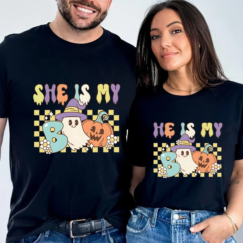 She Is My Boo Tees Shirts Retro Halloween Matching Couple Unisex T-Shirts Harajuku Casual Spooky Funny Pumpkin Graphic Y2k Tops