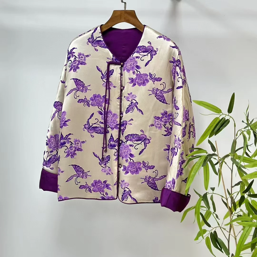 Winter New O-Neck Silk Printed Butterfly Double-Sided Wearable Handmade Button+Tassel Fashionable Women's Cotton Jacket S-XL