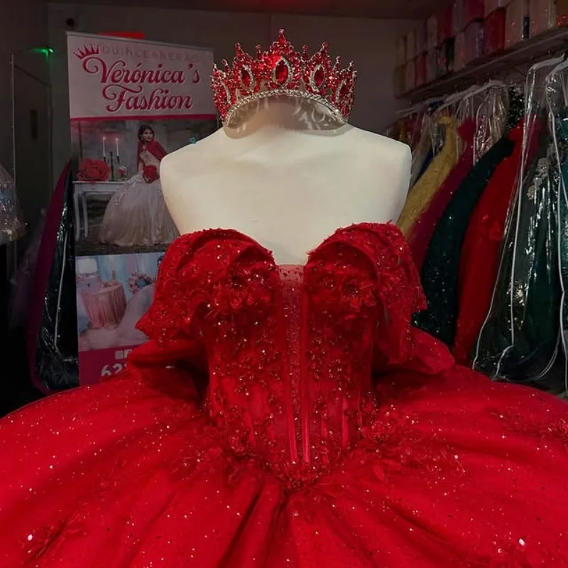 

Customized Shiny Red Quinceanera Dresses Off the Shoulder Golden applique Lace Long tail Bow Vestido 15 Quinceanera