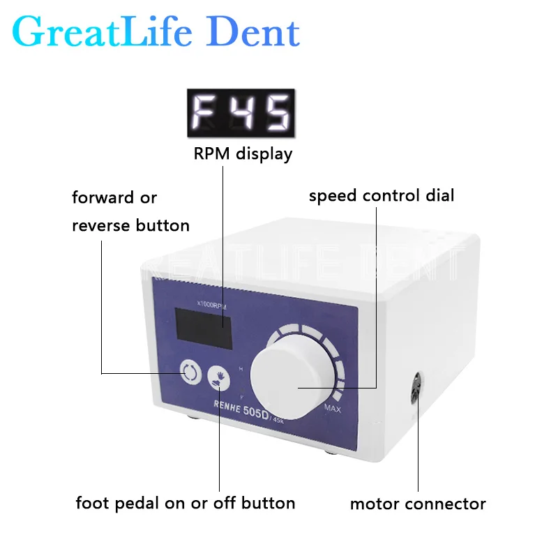 GreatLife Dent Renhe 505D 45K 90W 45000RPM Nail Polishing Manicure Pedicure Nail Drill Machine Carbon Brush Handpiece Micromotor