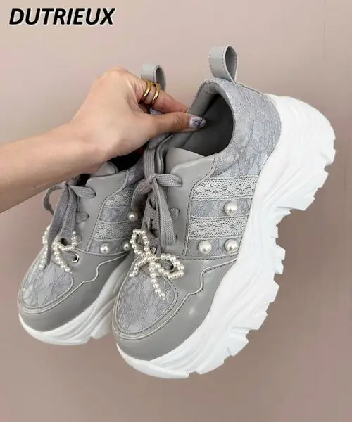 New Sweet Girl Versatile Sneaker Pearl Accessories Japanese Style Thick Bottom Height Increasing Breathable Casual Daddy Shoes