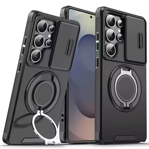 Magnetic Ring Stand Phone Cases For Samsung Galaxy S25 S24 S23 S22 Ultra Plus S21 FE Case Slide Camera Protection Armor Cover
