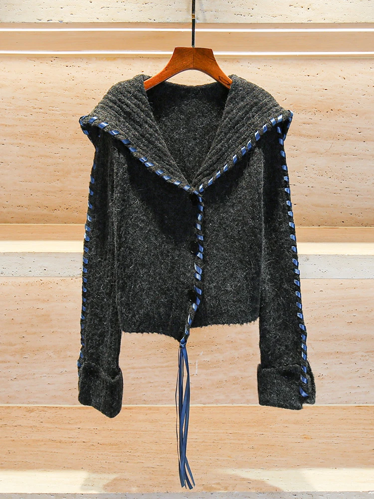 

High-End Winter Navy Collar Knitted Cardigan Coat with Belt for Women Ele Simple Sle Long Sve ort Length Button De...