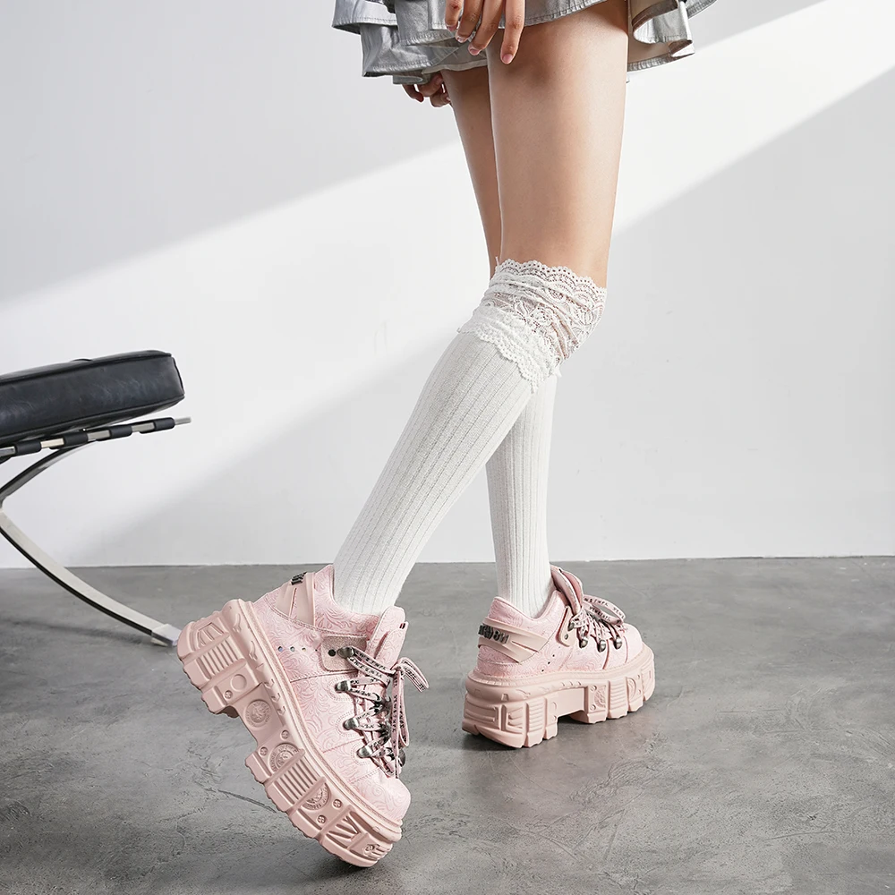 2026 New Punk Style Women Ankle Boots, Rock Round Toe Lace Up Platform Short Boots, Retro Chunky Heel Shoes with Metal Decor - view 3